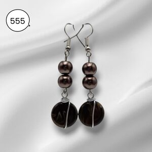 Handmade Brown Beaded Drop Earrings with Wire-Wrapped Marble Style Beads